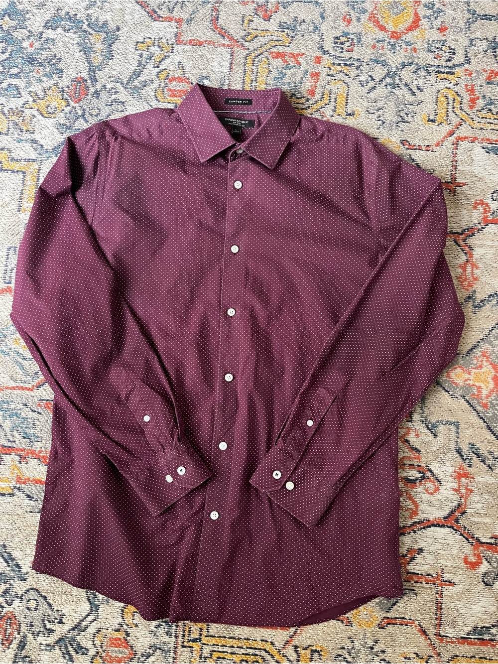 Banana Republic Men's Burgundy Dot Dress Shirt Size L Camden Fit 100% Cotto